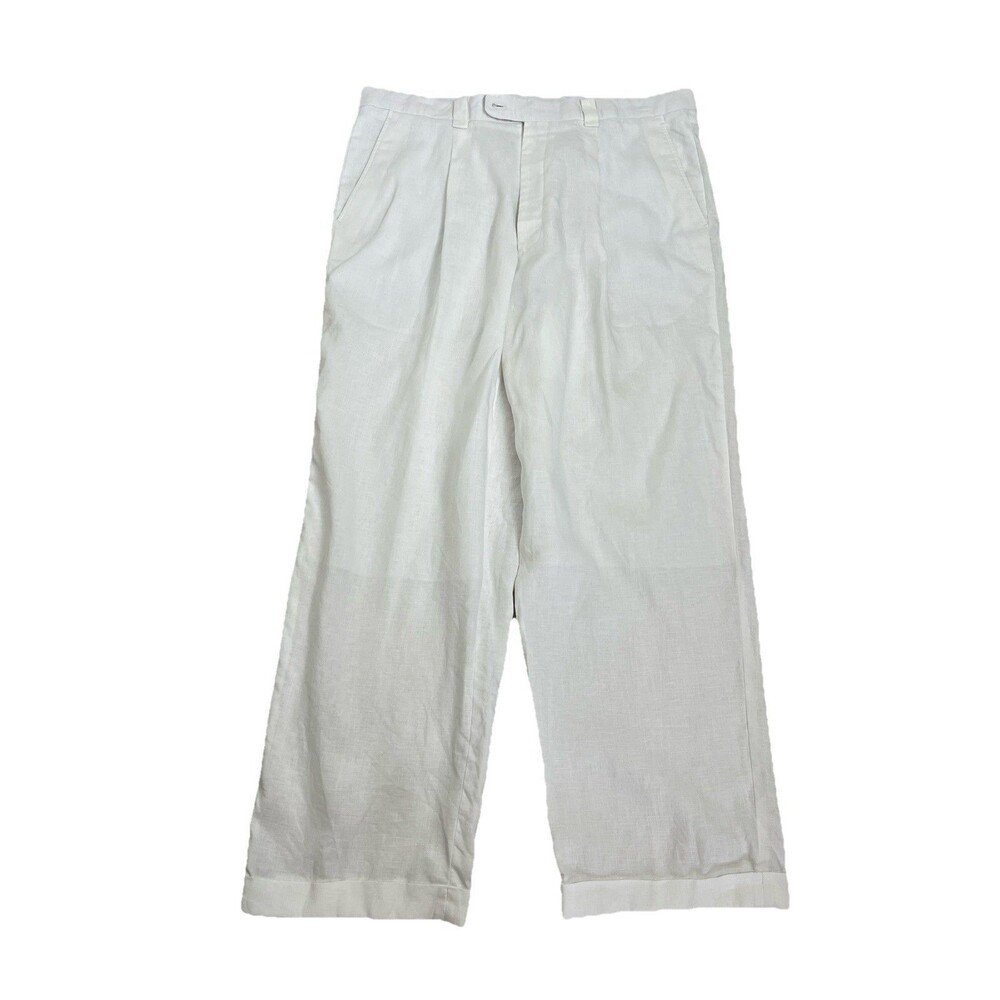 Inserch Italy Mens Sz 38 Linen Dress Trousers White Pleated Front Cuffed Beach